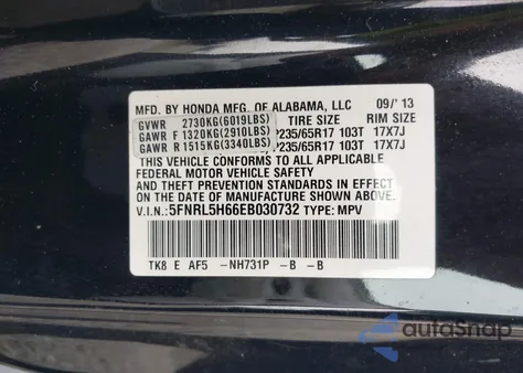 2014 Honda Odyssey Ex-L from USA, damaged, VIN 5FNRL5H66EB030732